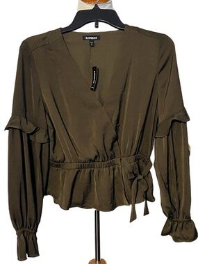 NWT Express Olive Wrap Peplum Tie-Front Blouse